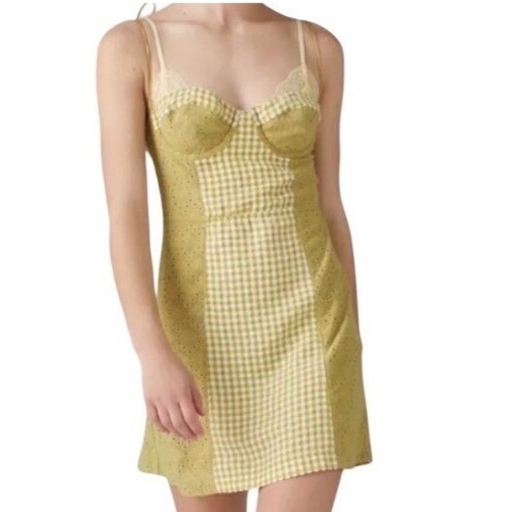 Urban Outfitters Gingham Eyelet Bustier Mini Dress Green XL Cottagecore Picnic